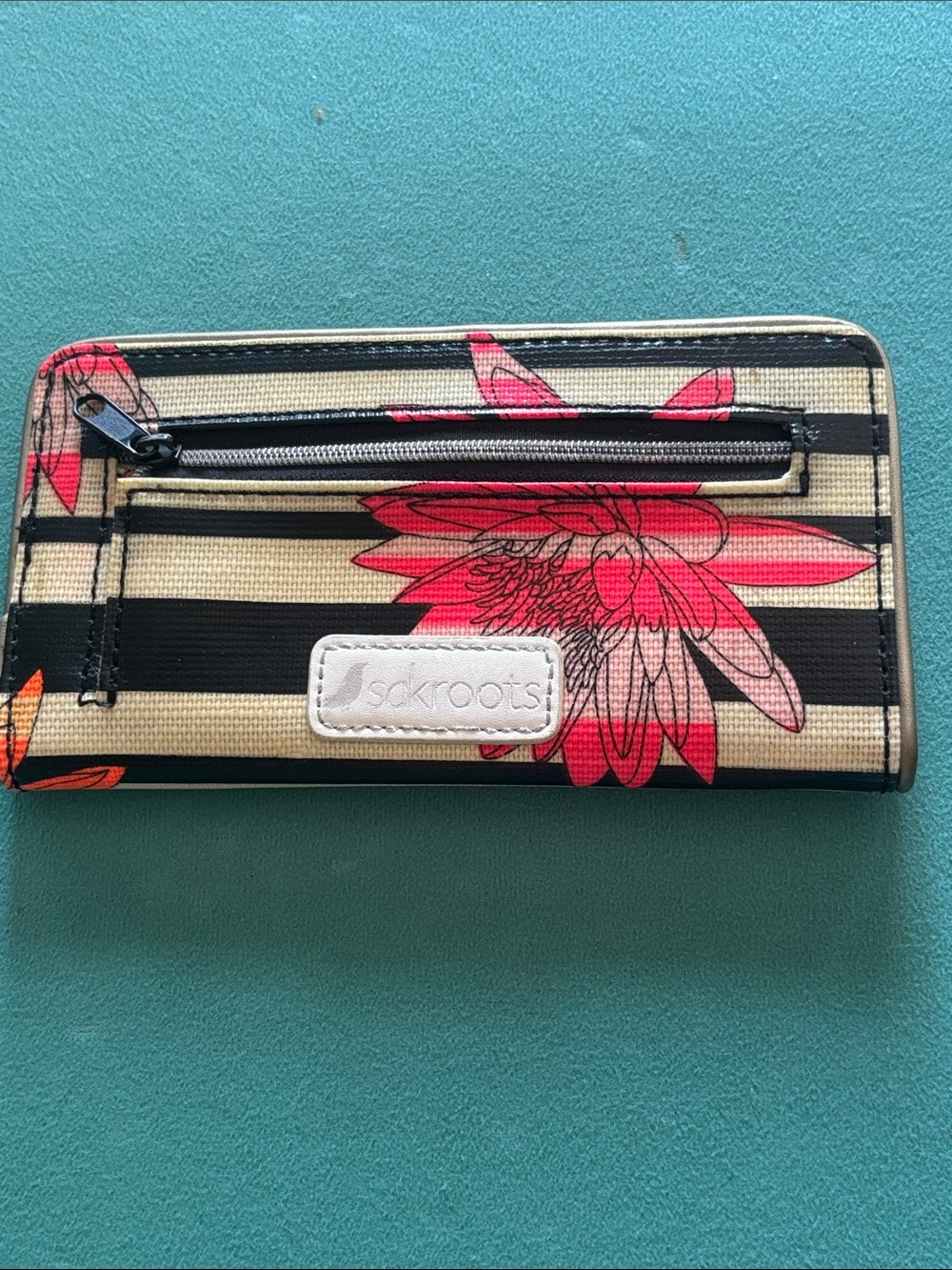 Sakroots Black & Cream Striped Wallet with Pink Floral Accent